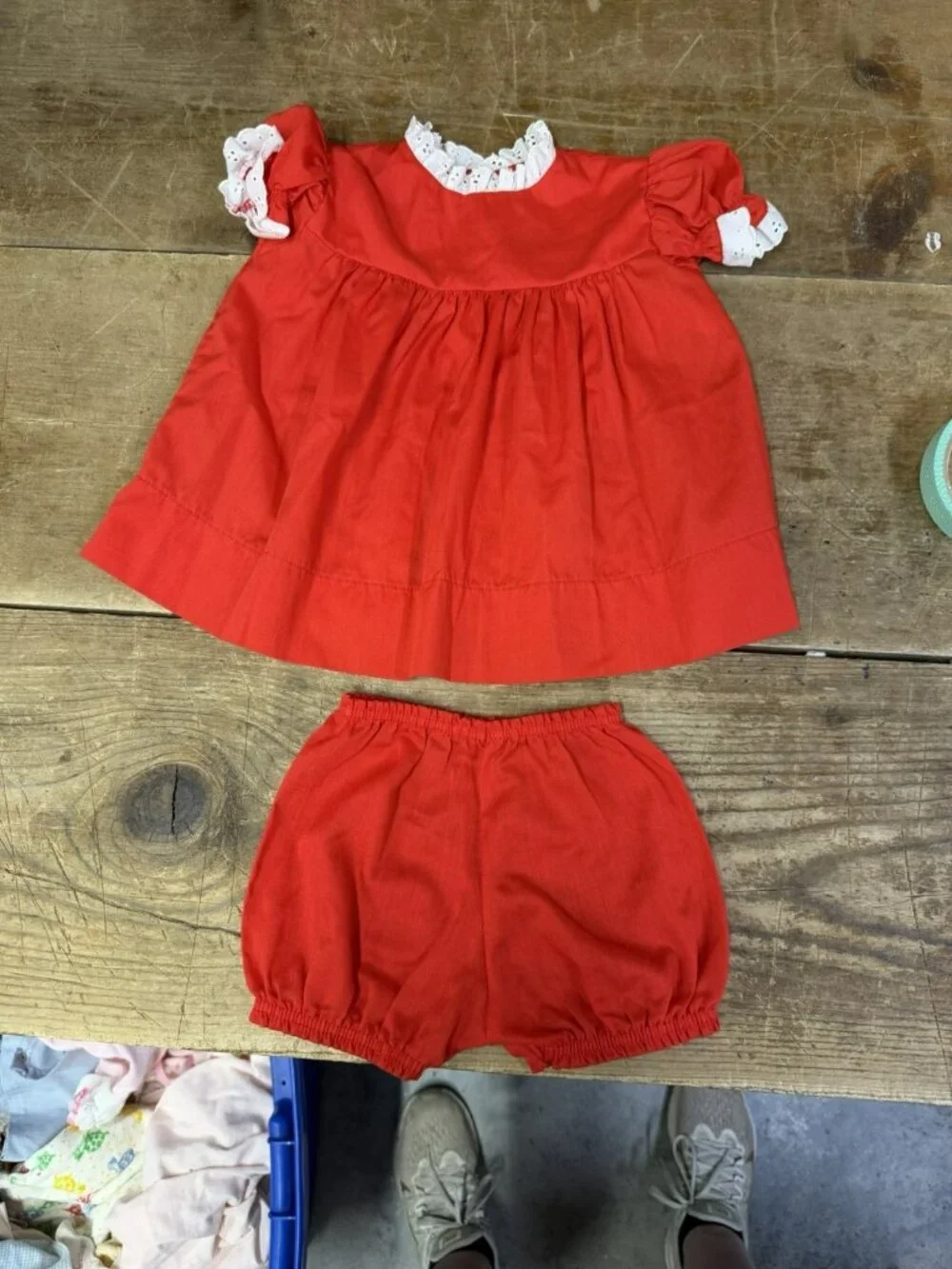 W/ BLOOMERS Vintage 1970s Bryan Red Baby Dress LARGE Fits 6-12M Lace Eyelet Trim